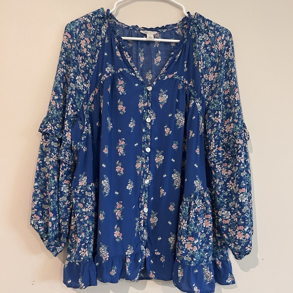 Cato Boho Floral Blouse Sz L Blue Patchwork Balloon Sleeve Ruffle Flowy Buttons